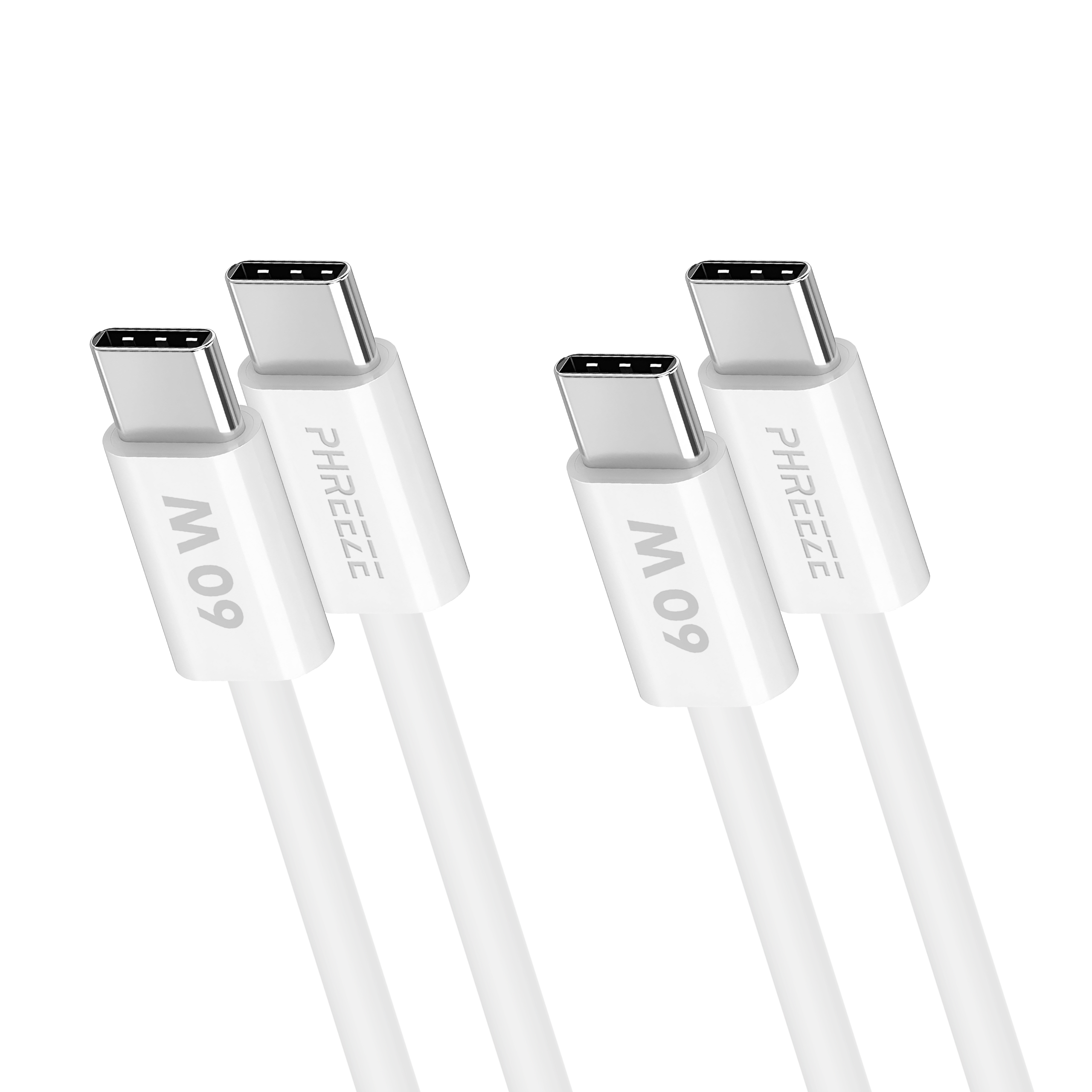 Two pairs of white USB-C cables. Each cable has a silver connector and the brand name PHREEZE.