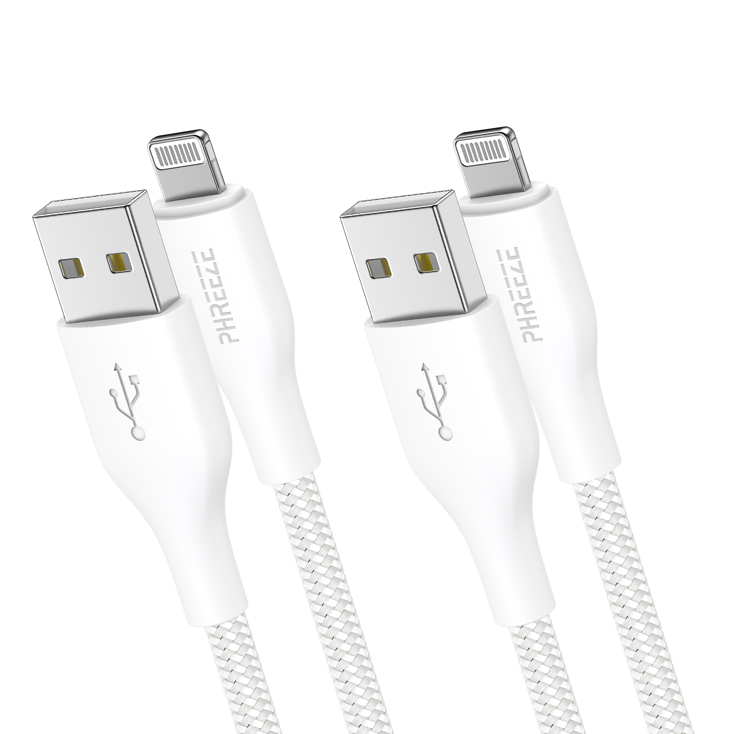 Two white USB to Lightning cables. Each cable has a USB end, a braided cord, and a Lightning connector.