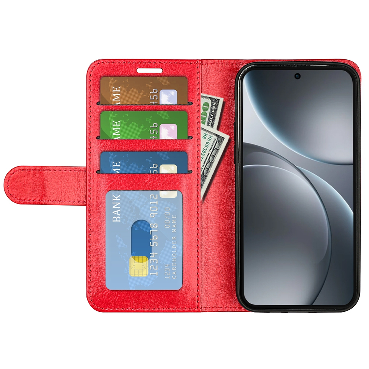 Rode telefoonhoes open met telefoon, kaarten en geld. Kaarten zijn groen, blauw en beige. Geld zijn biljetten van 100 dollar.