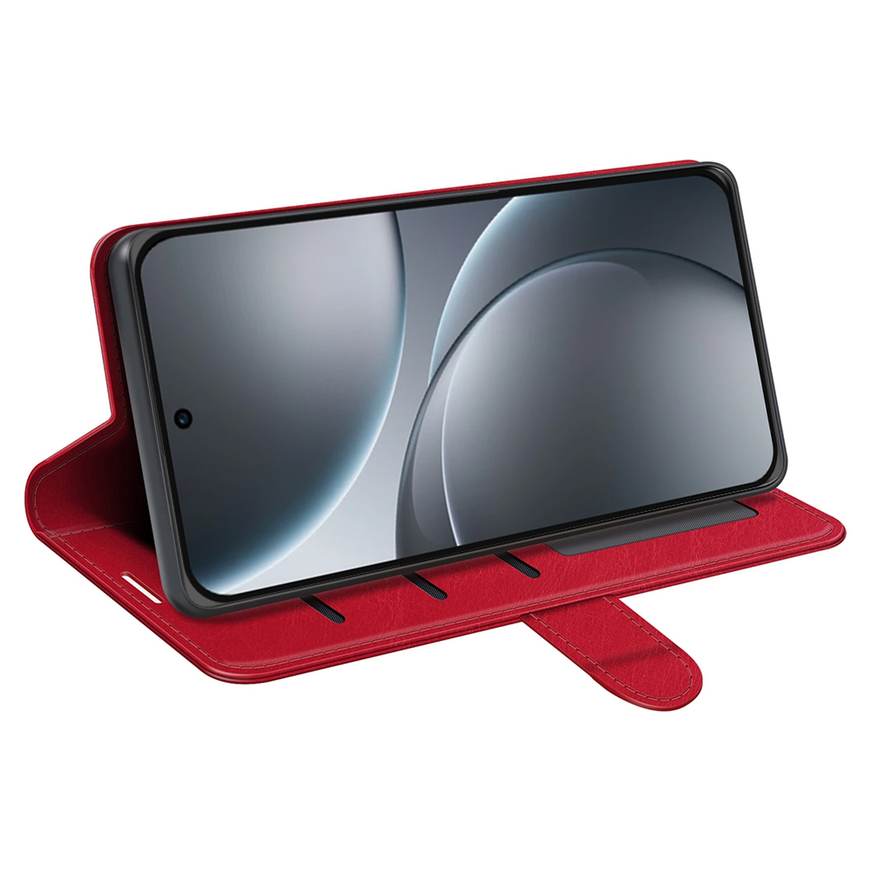 Een smartphone in een rode leren hoes staat open. Het scherm toont een grijs ontwerp. De hoes heeft een magnetische sluiting.