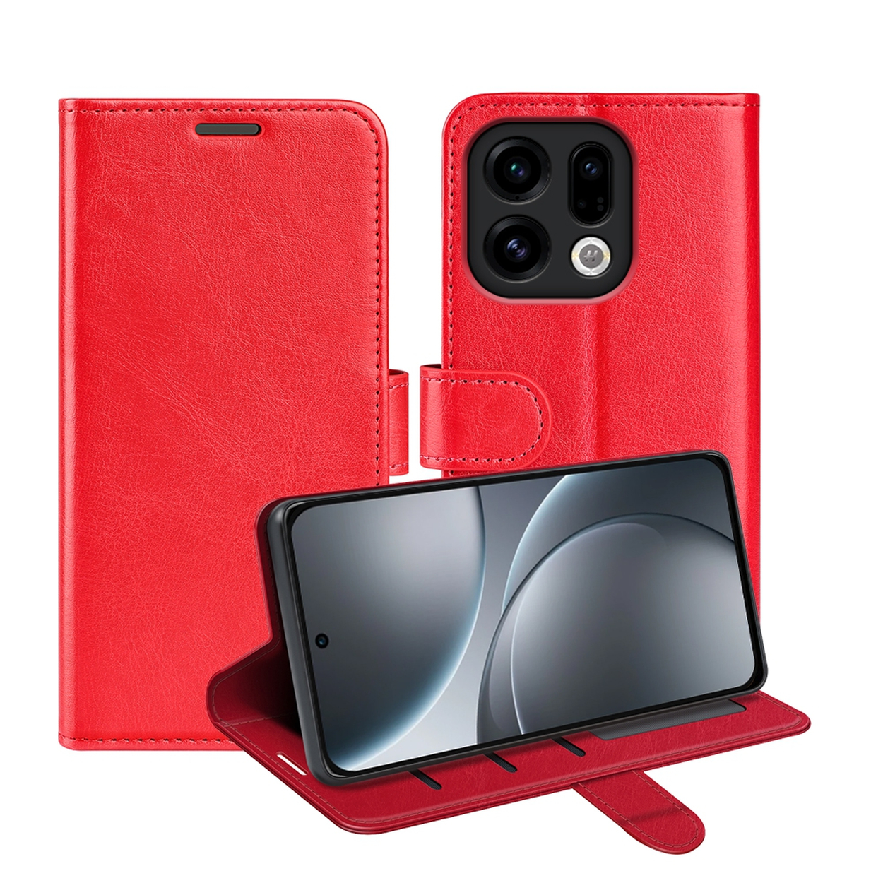 Rode leren telefoonhoes open, met telefoon erin. De hoes heeft een magnetische sluiting en een telefoon is zichtbaar.