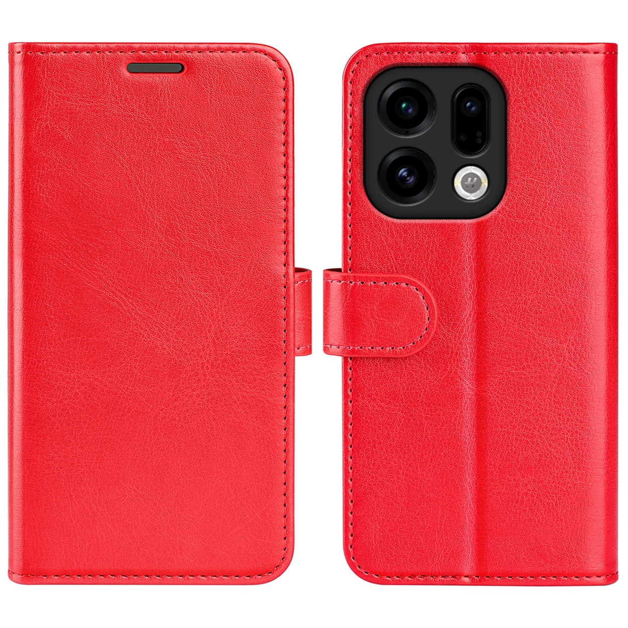 Een rode leren telefoonhoes, open om de telefoon te laten zien. Het heeft een magnetische sluiting. De telefoonkant heeft camera's.