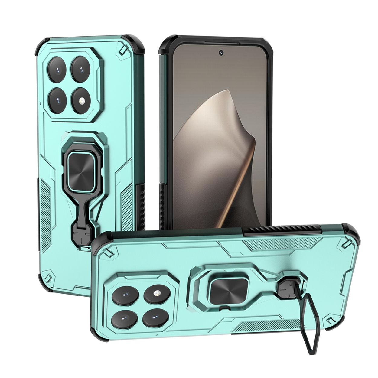 Drie blauwgroene telefoonhoesjes met zwarte accenten. Eén houdt een telefoon vast. Elke hoes heeft een ringhouder en uitsparingen.