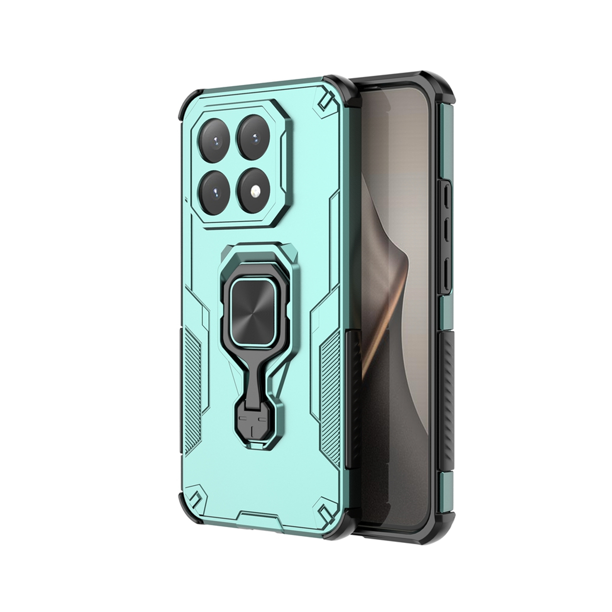 Een mintgroene telefoonhoes met zwarte accenten. Het heeft een ringhouder en een cameramodule met vier lenzen. Het telefoonscherm is zichtbaar.