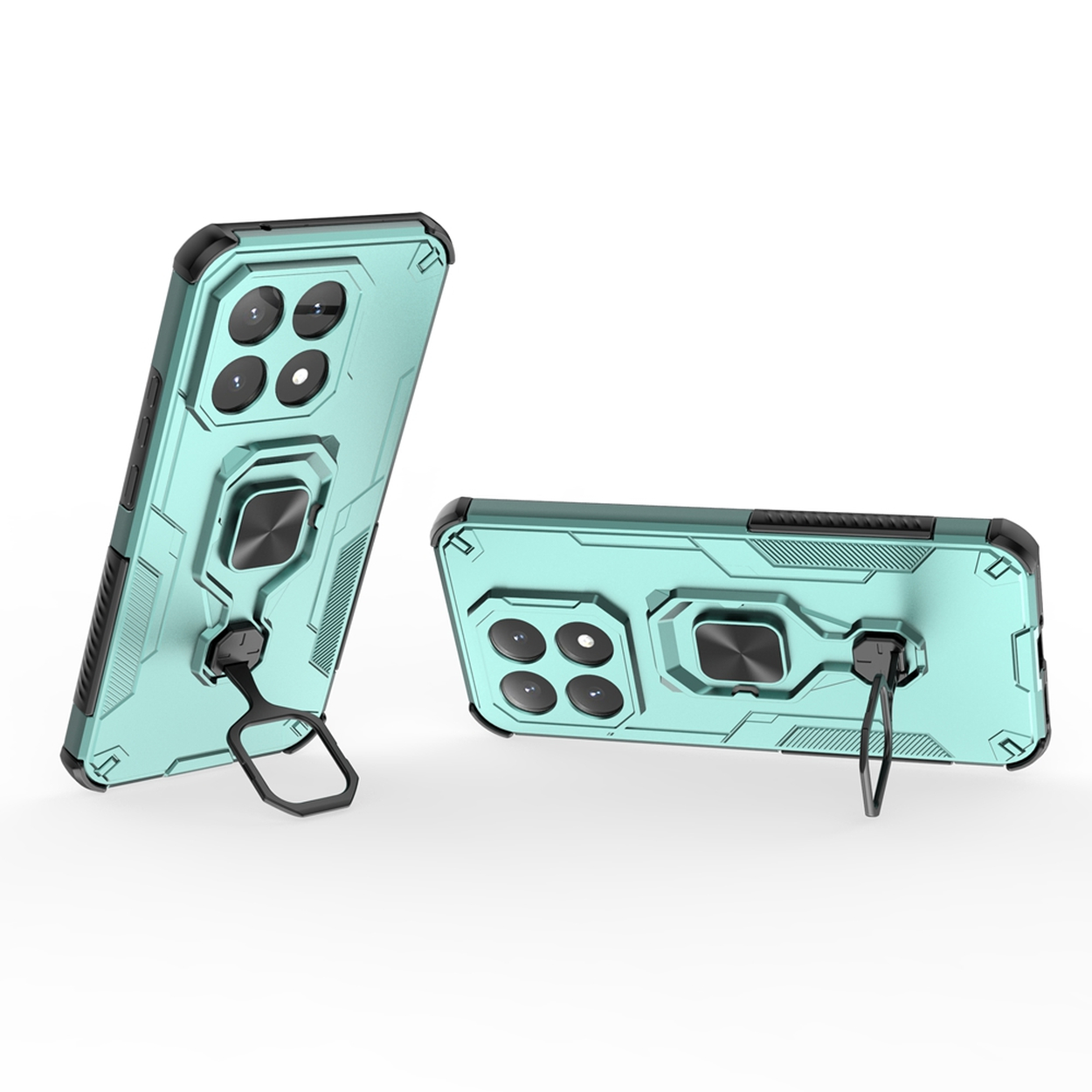 Twee blauwgroene telefoonhoesjes. Eén rechtop, de andere liggend. Beide hebben zwarte accenten en ringhouders. Witte achtergrond.