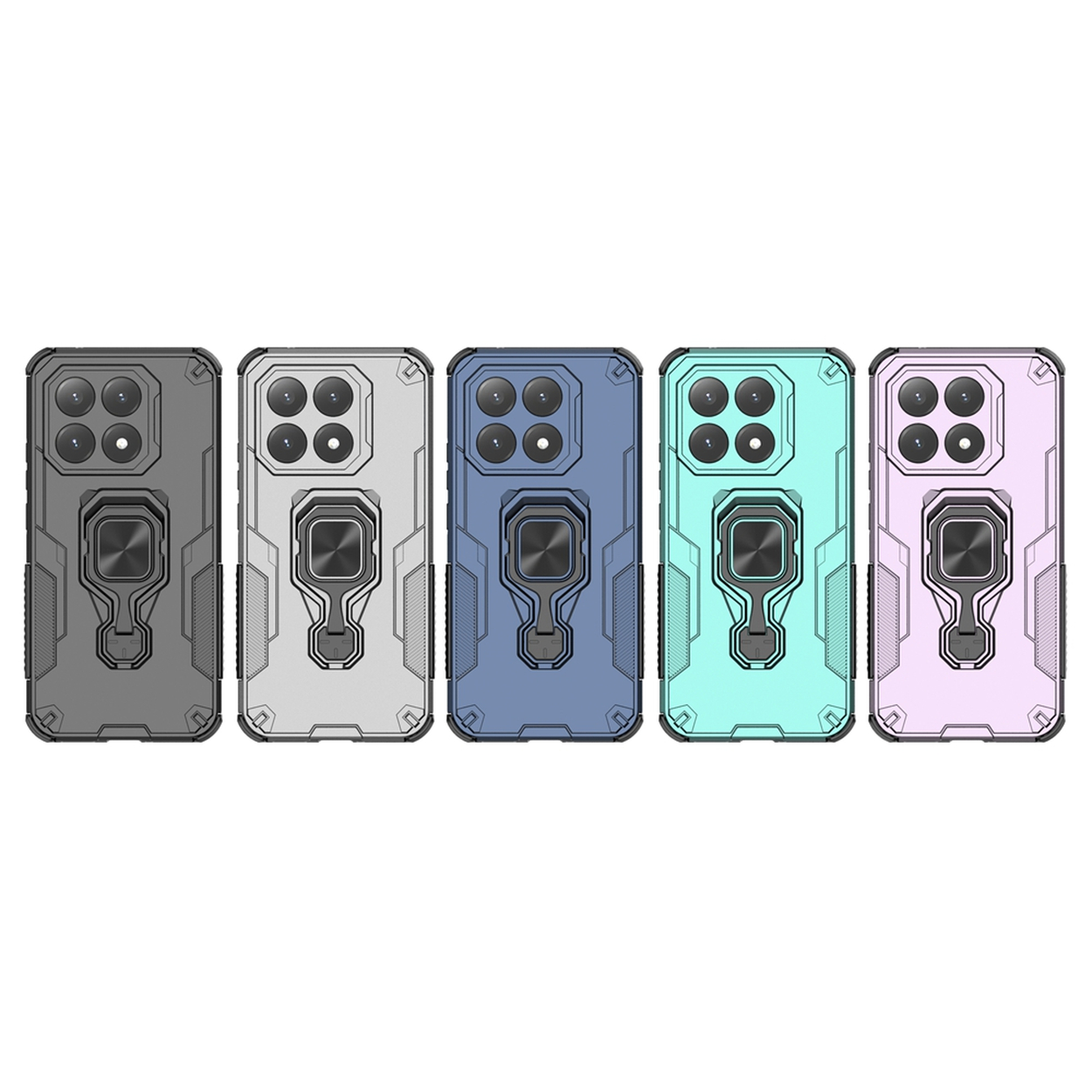 Vijf telefoonhoesjes: grijs, wit, blauw, teal en roze. Elk heeft een camera-array en een ringhouder op een zwarte achtergrond.