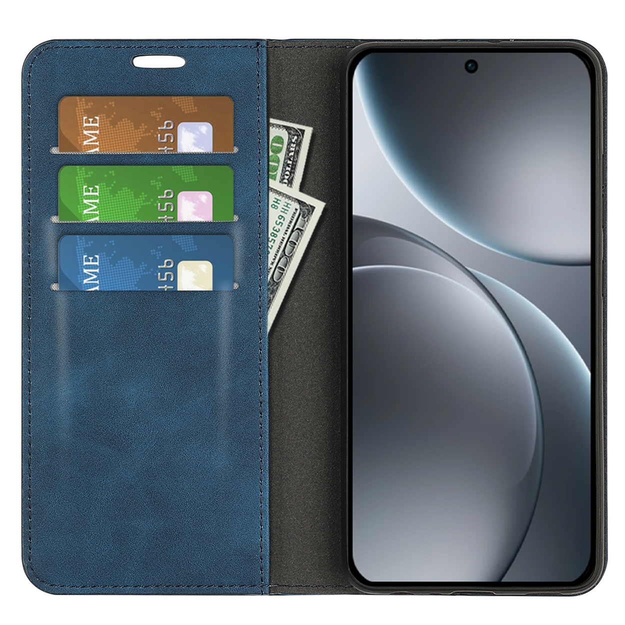 Étui de téléphone bleu avec cartes et espèces. Un smartphone est à droite. Trois cartes colorées sont visibles.
