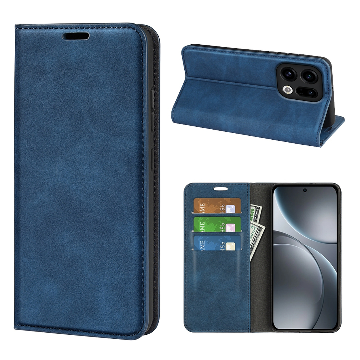 Un étui de téléphone bleu est présenté sous trois angles. Il possède des emplacements pour cartes et une poche à argent. Le téléphone est dans l'étui, et l'étui peut tenir debout.