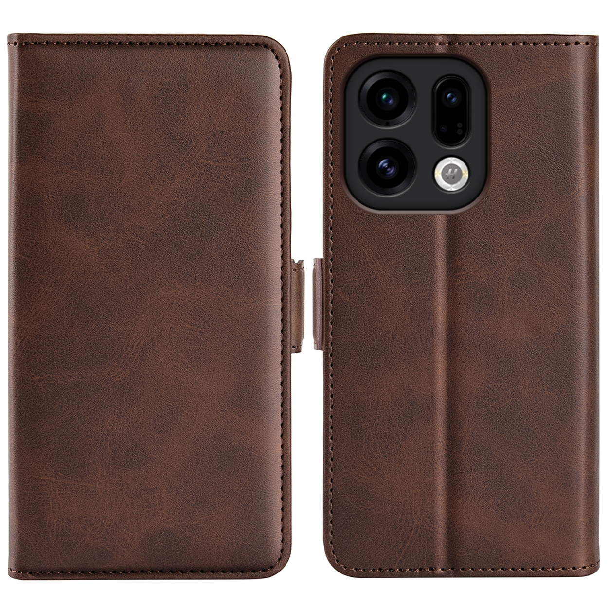 Étui de téléphone en cuir marron, ouvert. Le côté droit comporte des objectifs d'appareil photo. Le côté gauche est un couvercle. Il y a un fermoir au milieu.