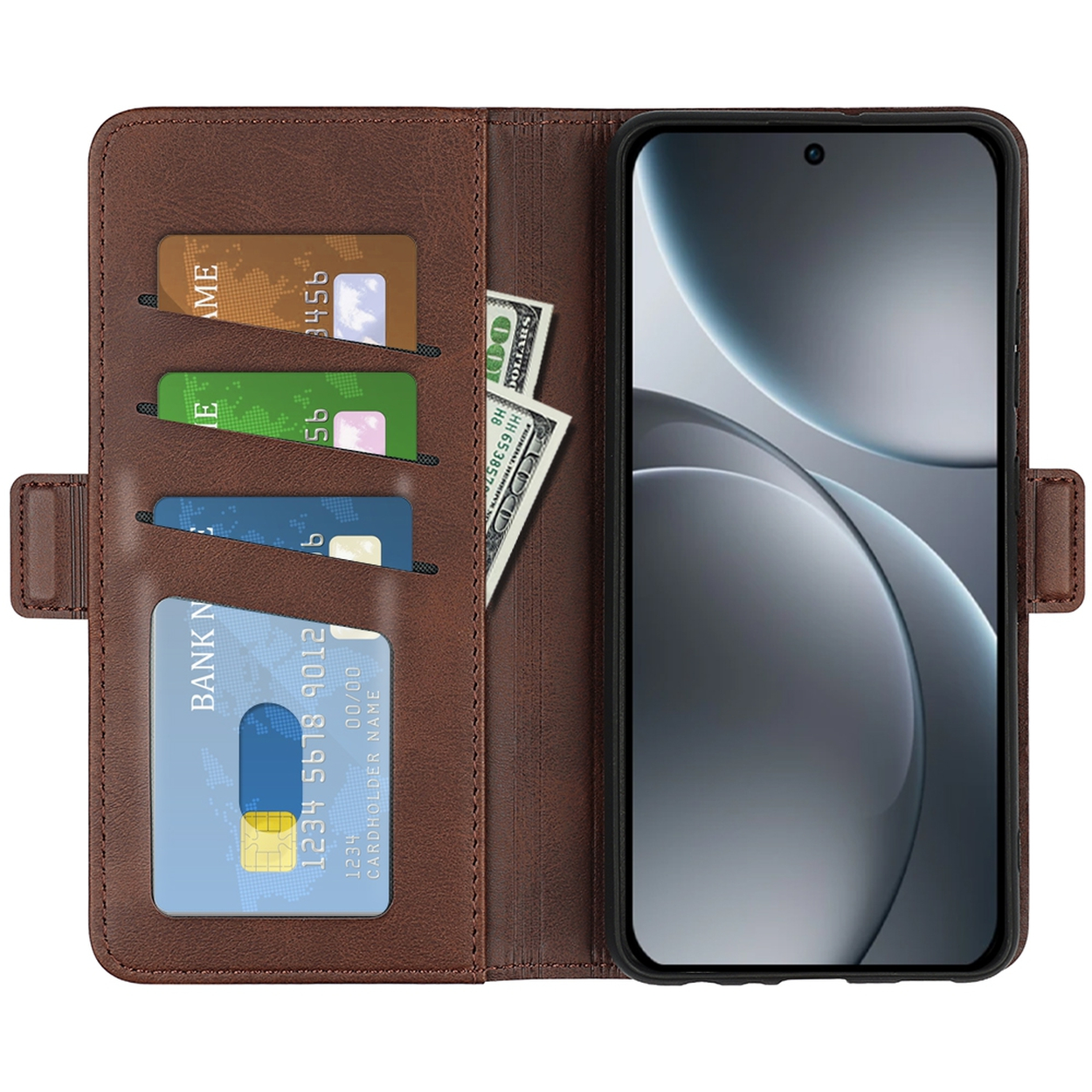 Étui de téléphone marron avec téléphone, cartes de crédit et argent. Le téléphone est noir avec un écran. Les cartes sont de couleurs variées.