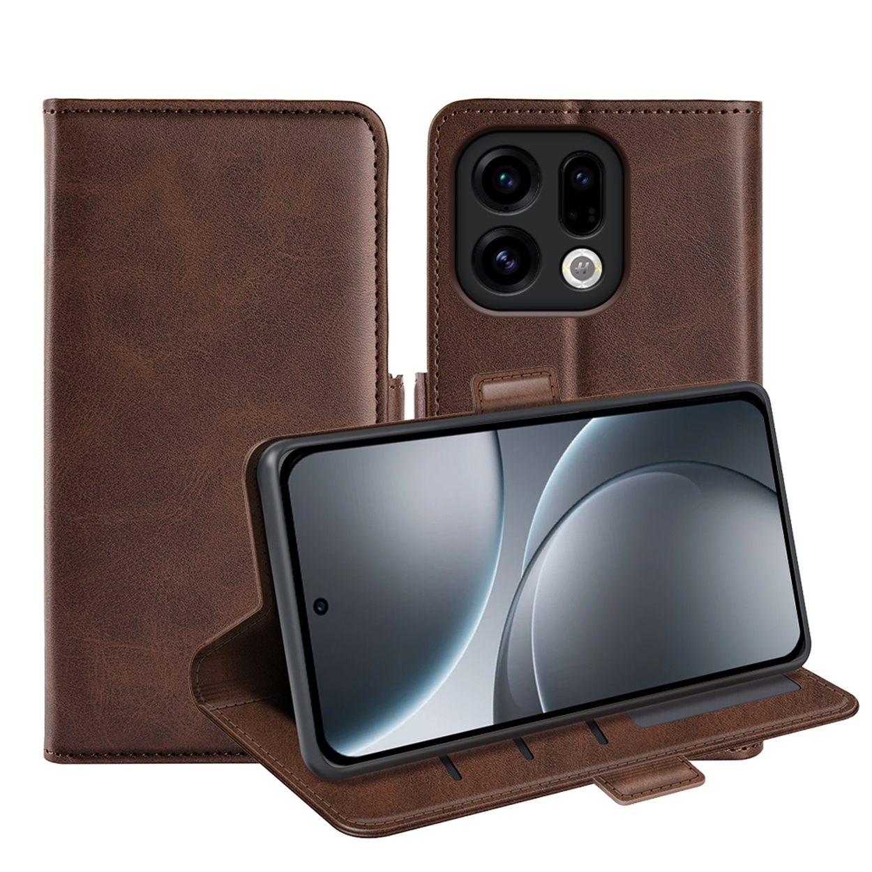 Un étui de téléphone en cuir marron est ouvert, contenant un téléphone. L'étui a une fermeture magnétique et protège l'écran et le dos.
