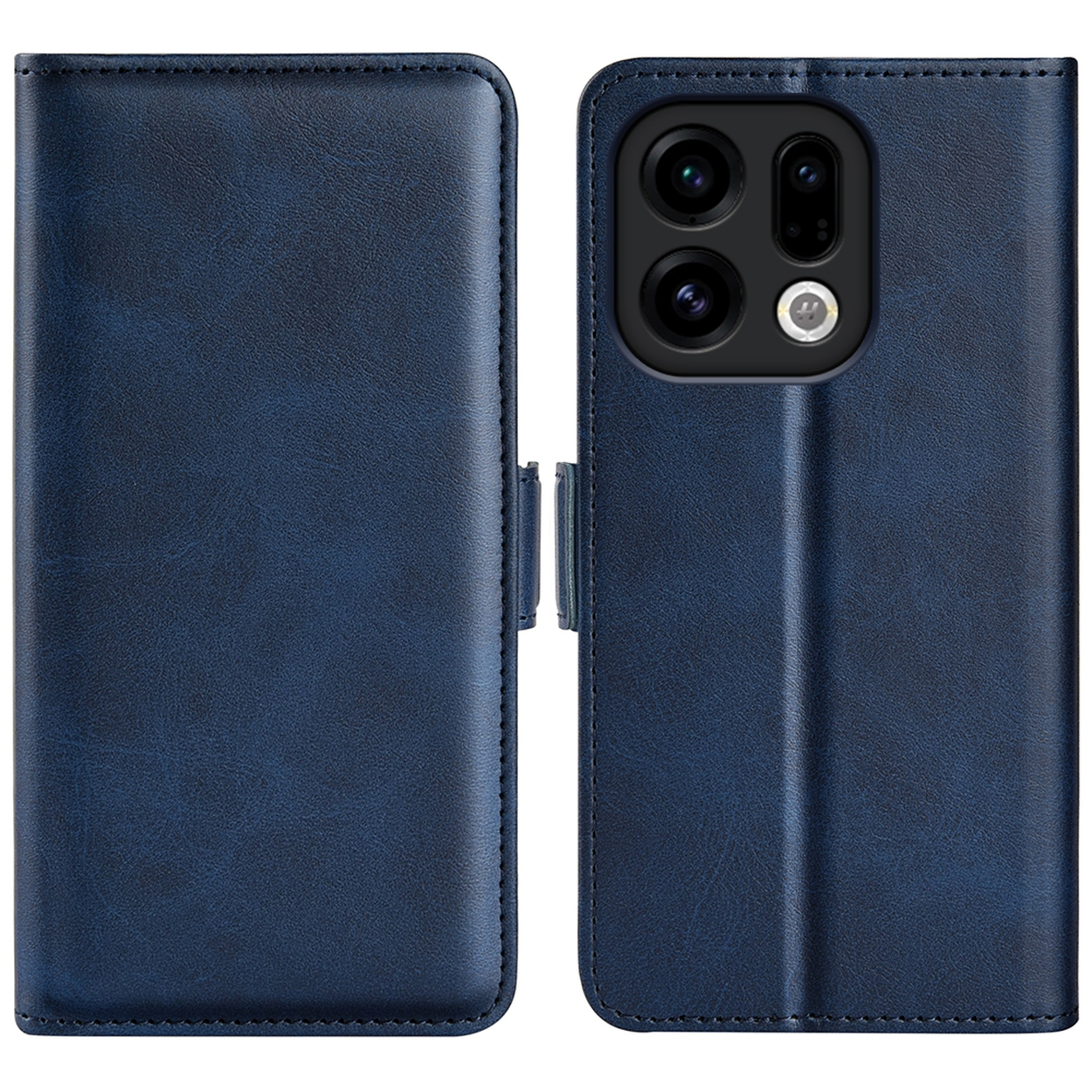 Een donkerblauwe leren telefoonhoes, open om de telefoon te onthullen. De hoes heeft een magnetische sluiting.