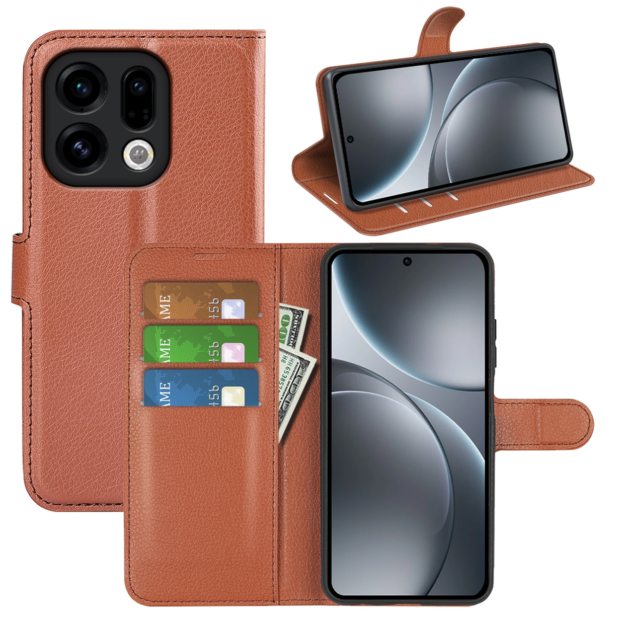 Un étui de téléphone en cuir marron avec plusieurs emplacements pour cartes et de l'argent. Il y a un téléphone à l'intérieur et un sur le côté.
