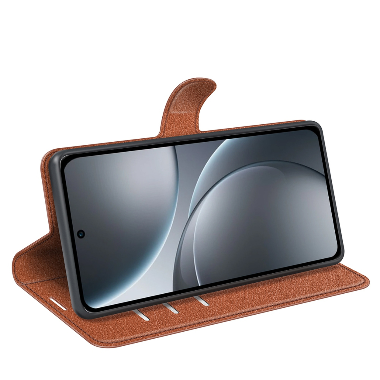 Un étui de téléphone en cuir marron avec un téléphone à l'intérieur. Le téléphone affiche une image grise et abstraite. L'étui est ouvert sur fond blanc.