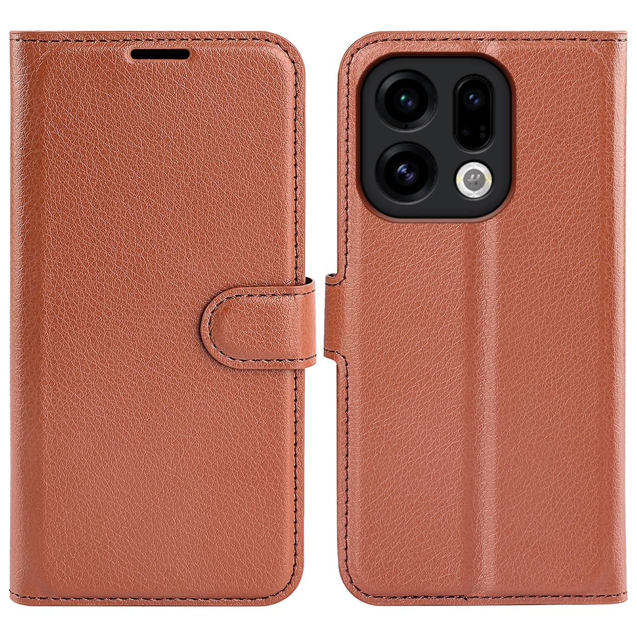 Un étui de téléphone en cuir marron, ouvert. Il a une fermeture magnétique et de la place pour les lentilles de l'appareil photo du téléphone. La couture est visible.