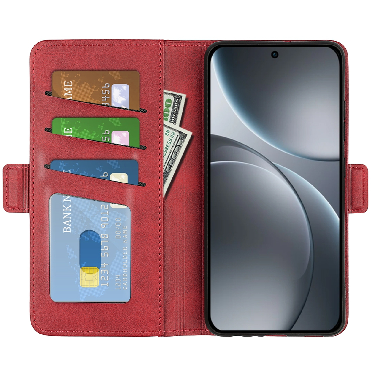 Rode telefoonhoes met telefoon en kaartsleuven. Bevat creditcards en contant geld. Het scherm van de telefoon is zichtbaar.