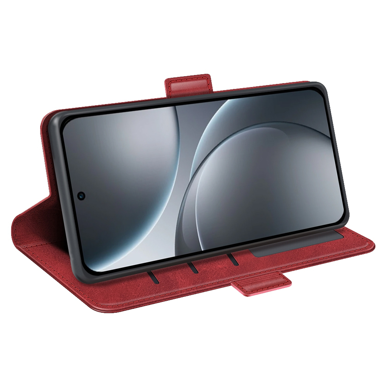 Een rode telefoonhoes met een telefoon erin. Het telefoonscherm toont een wazig, abstract ontwerp. De hoes is open en van leer.