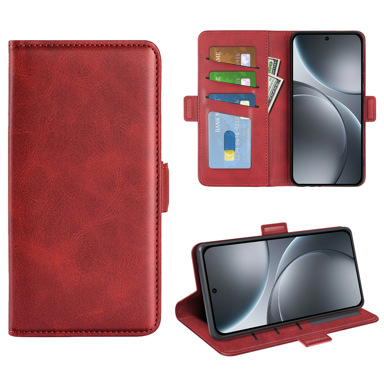 Een rode leren telefoonhoes met telefoon, kaarten en geld. Toont de gesloten, open en schuine hoes.