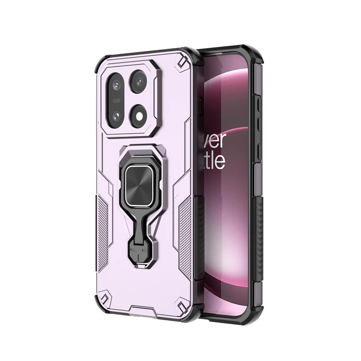 Un téléphone dans un étui rose avec un support de bague. L'écran est visible, affichant un logo. L'étui a une découpe pour la caméra.