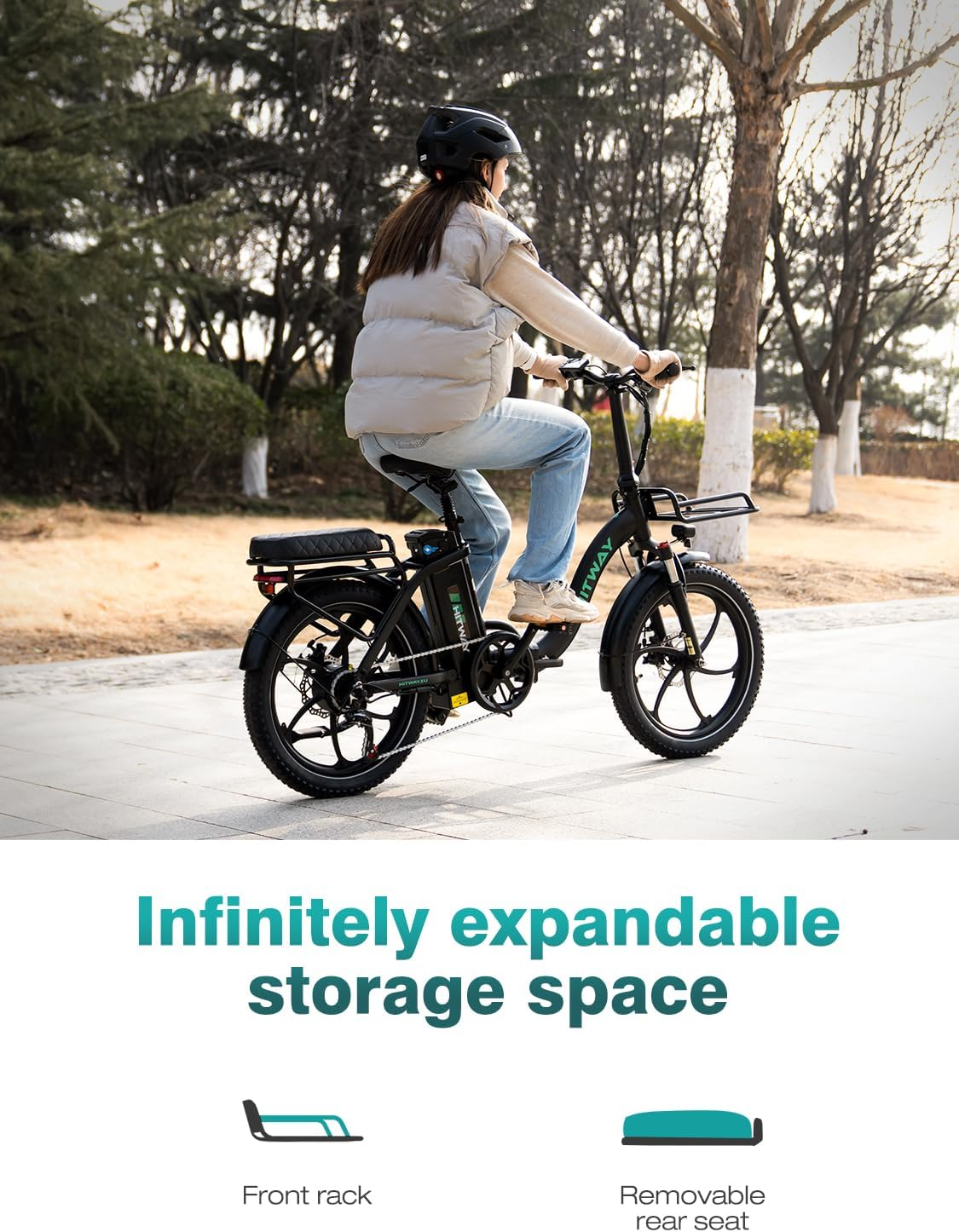 A woman rides a black electric bike on a paved path. Trees and grass are in the background, with text below promoting storage space.