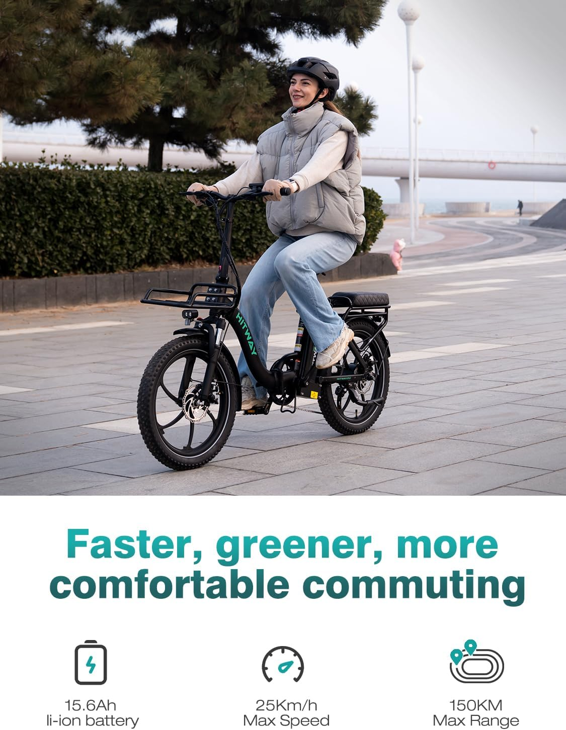 A woman rides a black HITWAY e-bike on a paved path. She wears a helmet and vest. The text says: Faster, greener, more comfortable commuting.