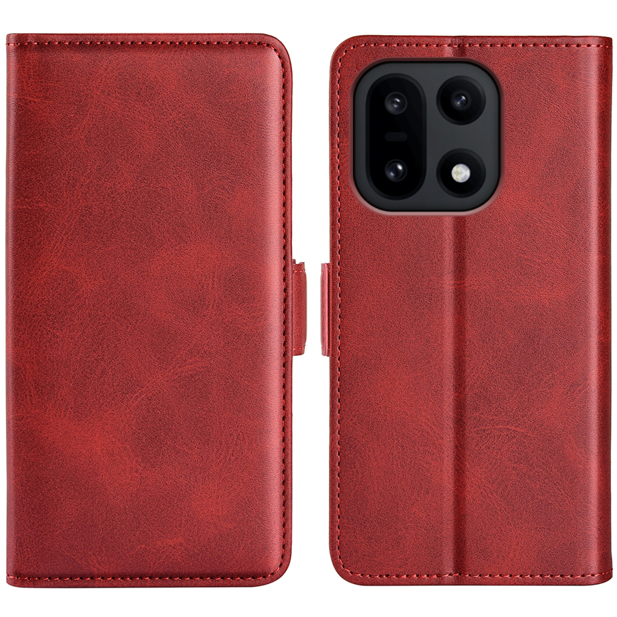 Rode leren telefoonhoes open. De linkerkant is gesloten, de rechterkant heeft een telefoon zichtbaar met cameralenzen.
