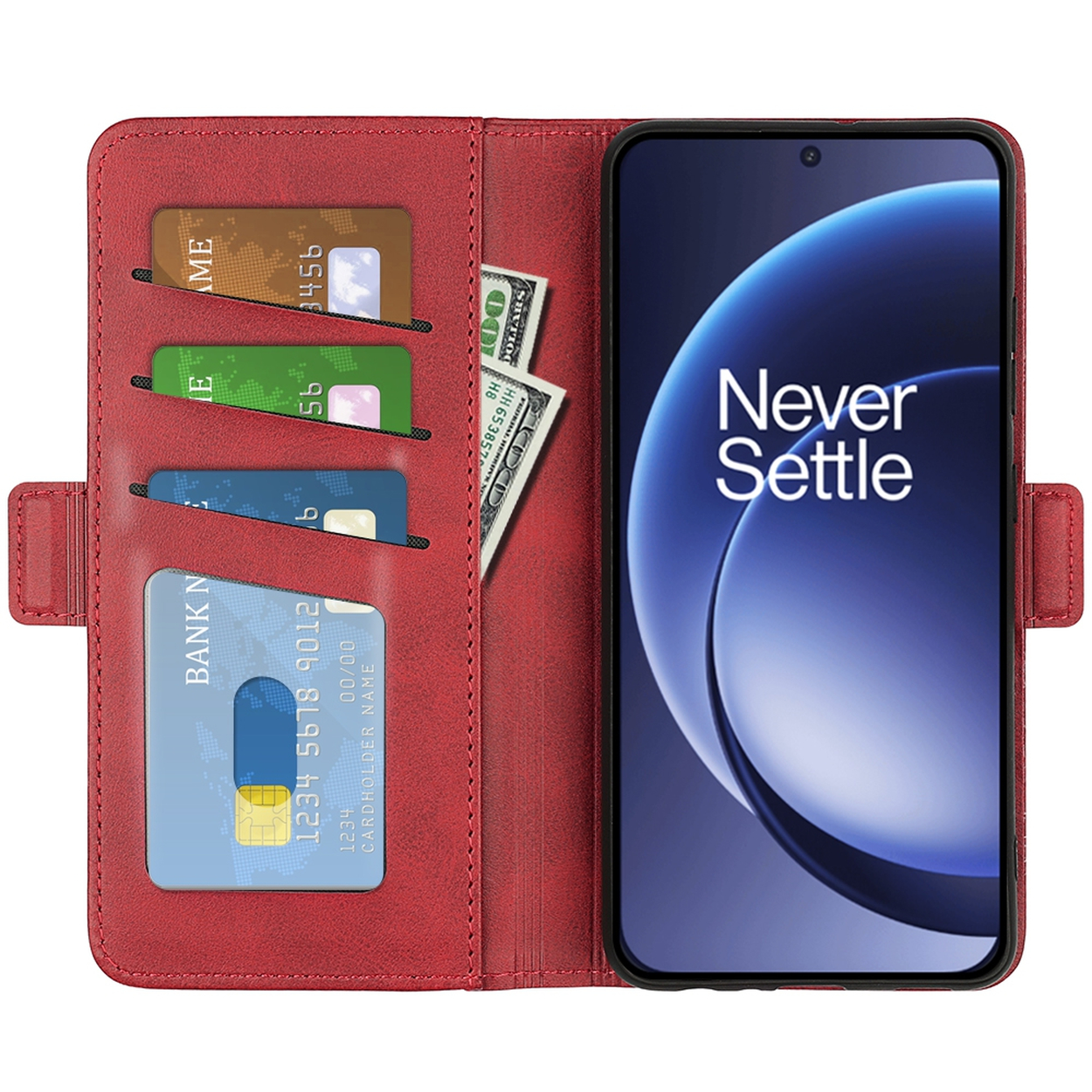 Rode portemonnee-hoes met telefoon. Creditcards en contanten zichtbaar. De telefoon toont 'Never Settle' op een blauwe achtergrond.