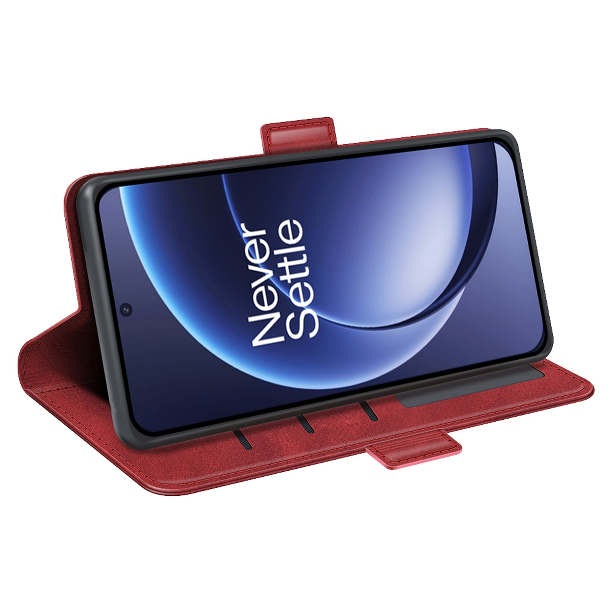Een rode telefoonhoes met een telefoon met 'Never Settle'. De hoes is open en heeft een magnetische sluiting. De telefoon is zwart.