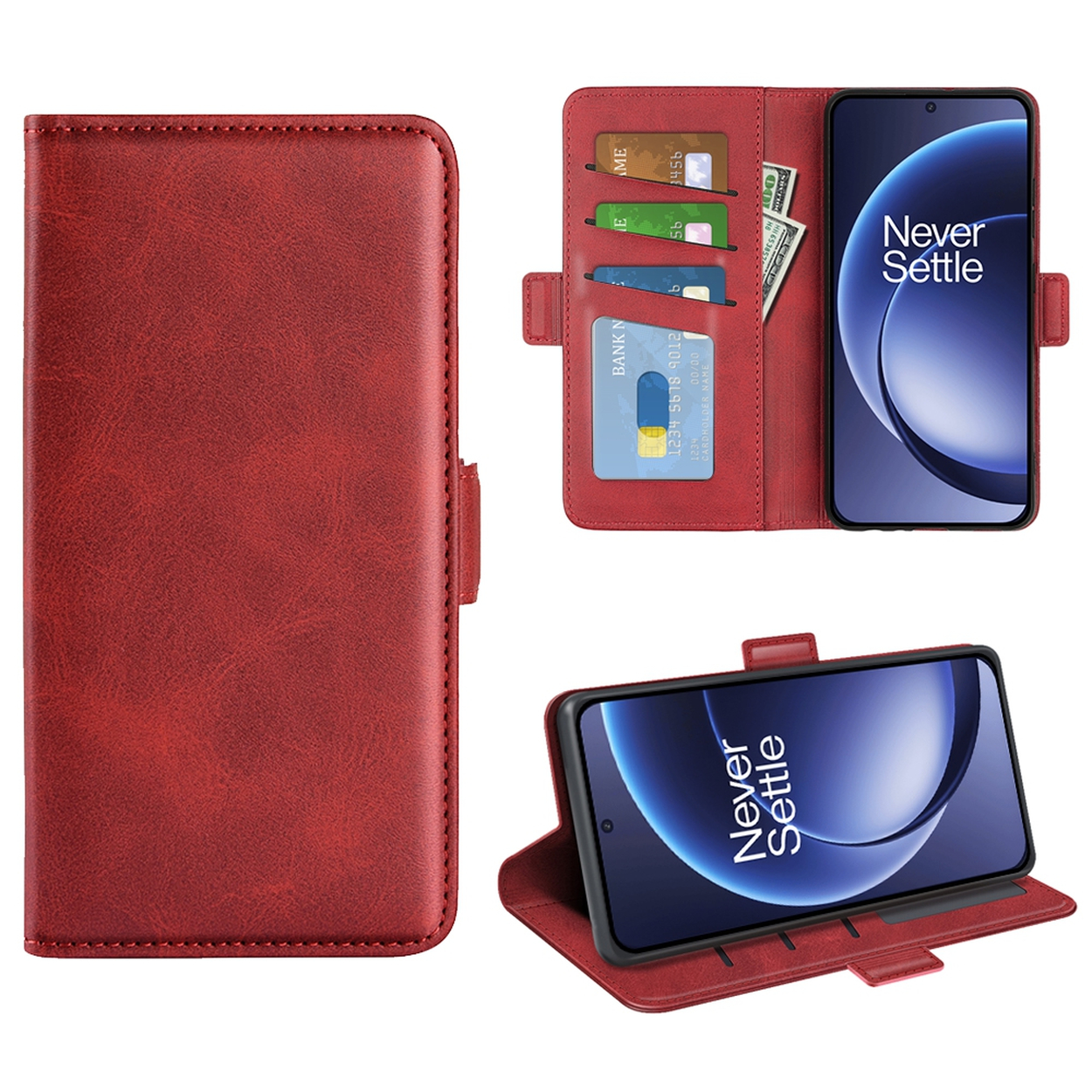 Een rode telefoonhoes met telefoon, creditcards en geld. De telefoon toont 'Never Settle'.