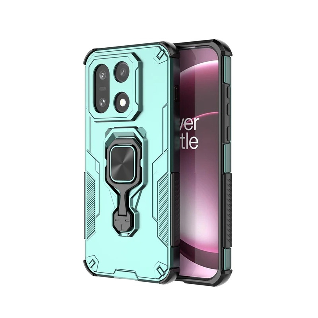 Une coque de téléphone bleu-vert avec un cadre noir et un support de bague. L'écran du téléphone affiche un dégradé rose et blanc.