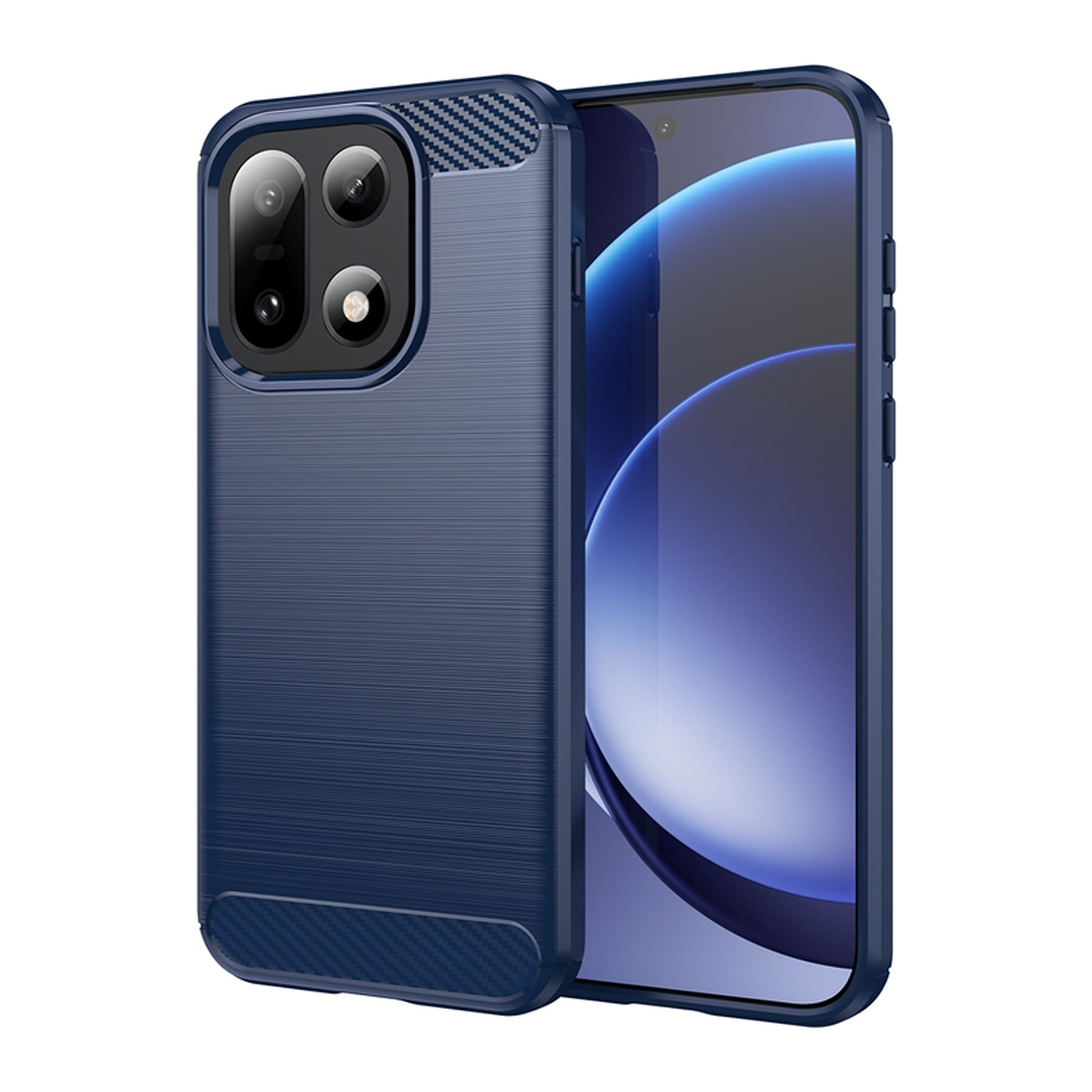 Twee blauwe smartphones. Eén toont zijn scherm, de andere heeft een cameramodule. Beide zitten in blauwe hoesjes. De achtergrond is wit.