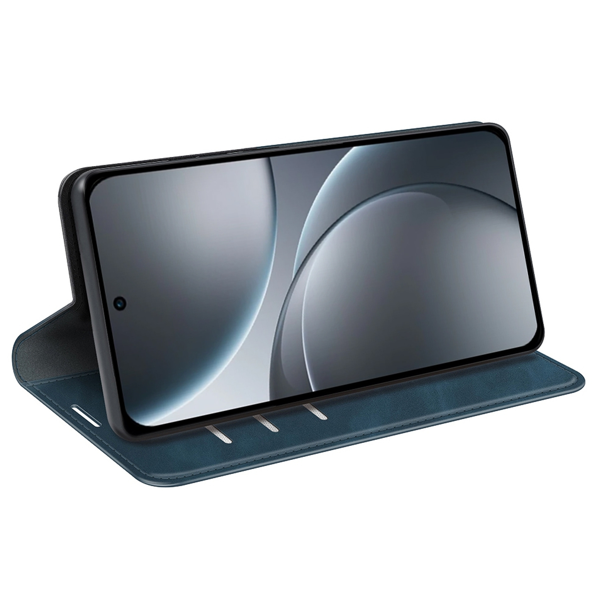Een smartphone in een blauwe hoes wordt getoond. Het scherm toont een grijs abstract ontwerp. De hoes is open, schuin voor weergave.