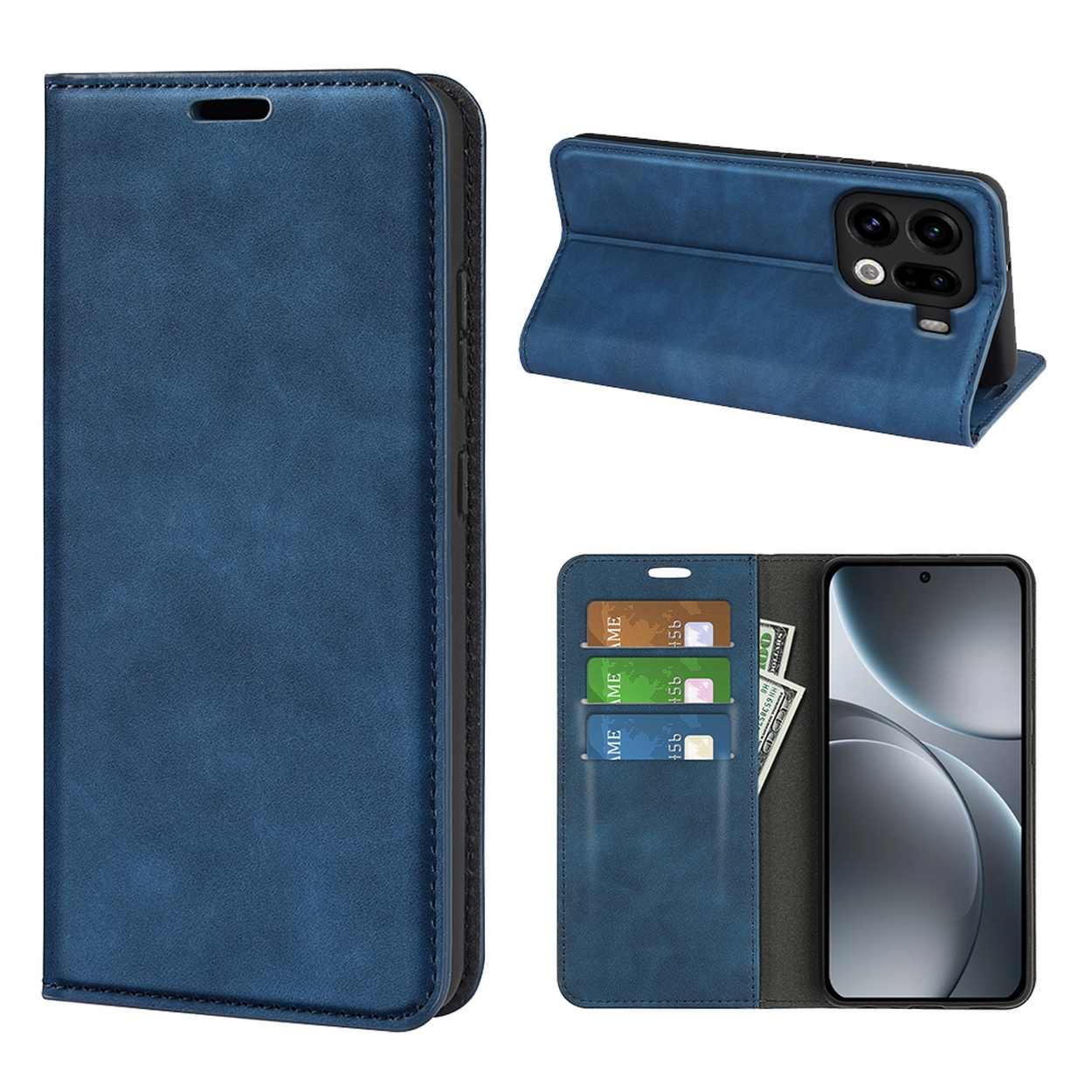 Een blauwe telefoonhoes met een telefoon erin, een portemonnee met kaarten en een telefoon, en een telefoon op een standaard.