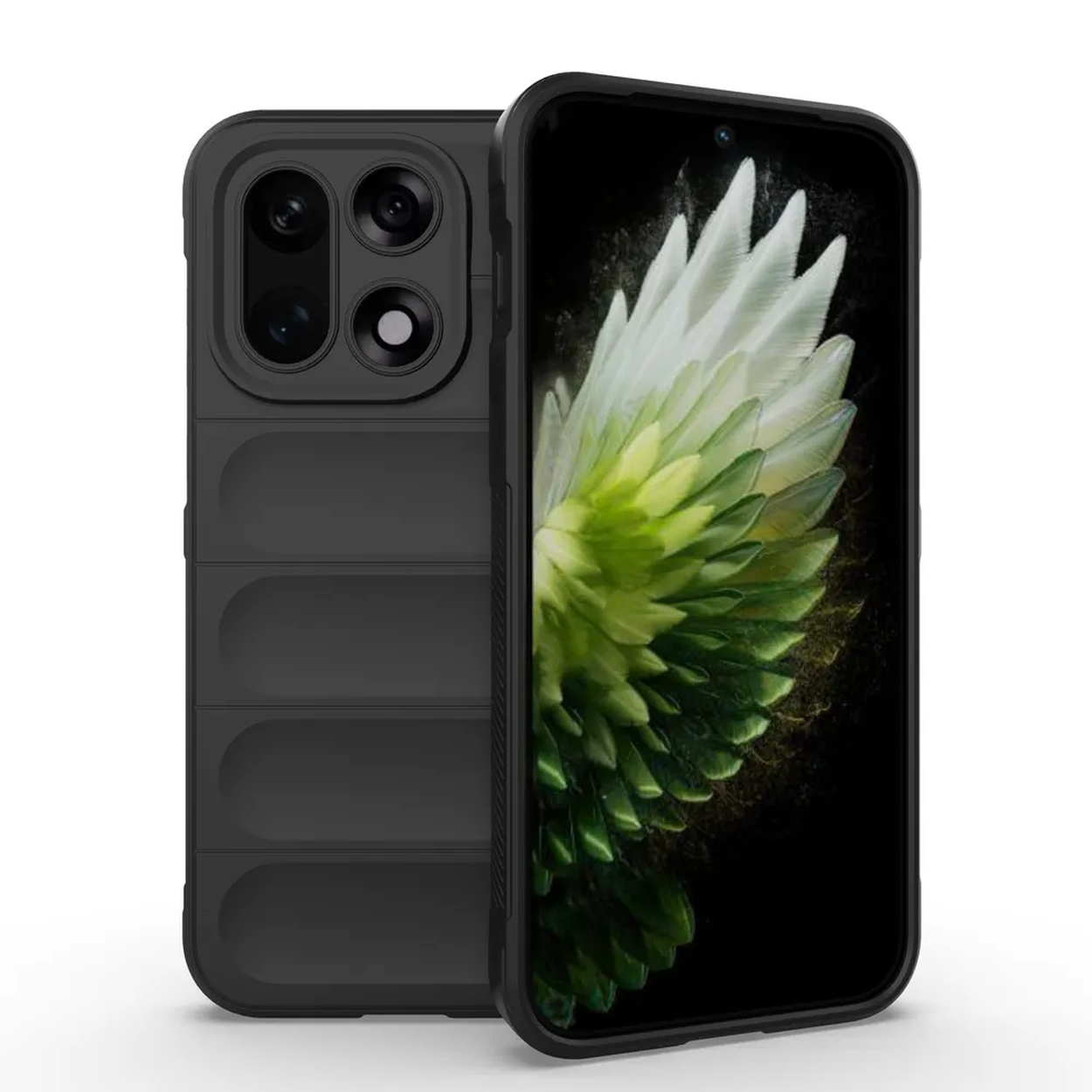 Coque de téléphone noire avec un écran affichant un motif floral blanc et vert. L'étui comporte plusieurs objectifs d'appareil photo.