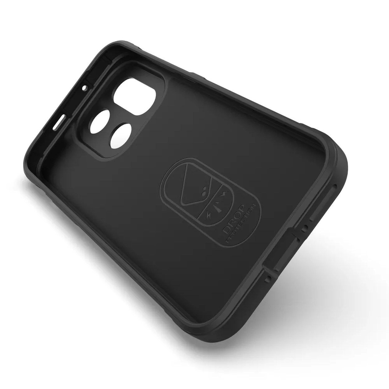 Une coque de téléphone noire. Elle a des ouvertures pour l'appareil photo et les boutons. L'intérieur présente un logo de protection contre les chutes.