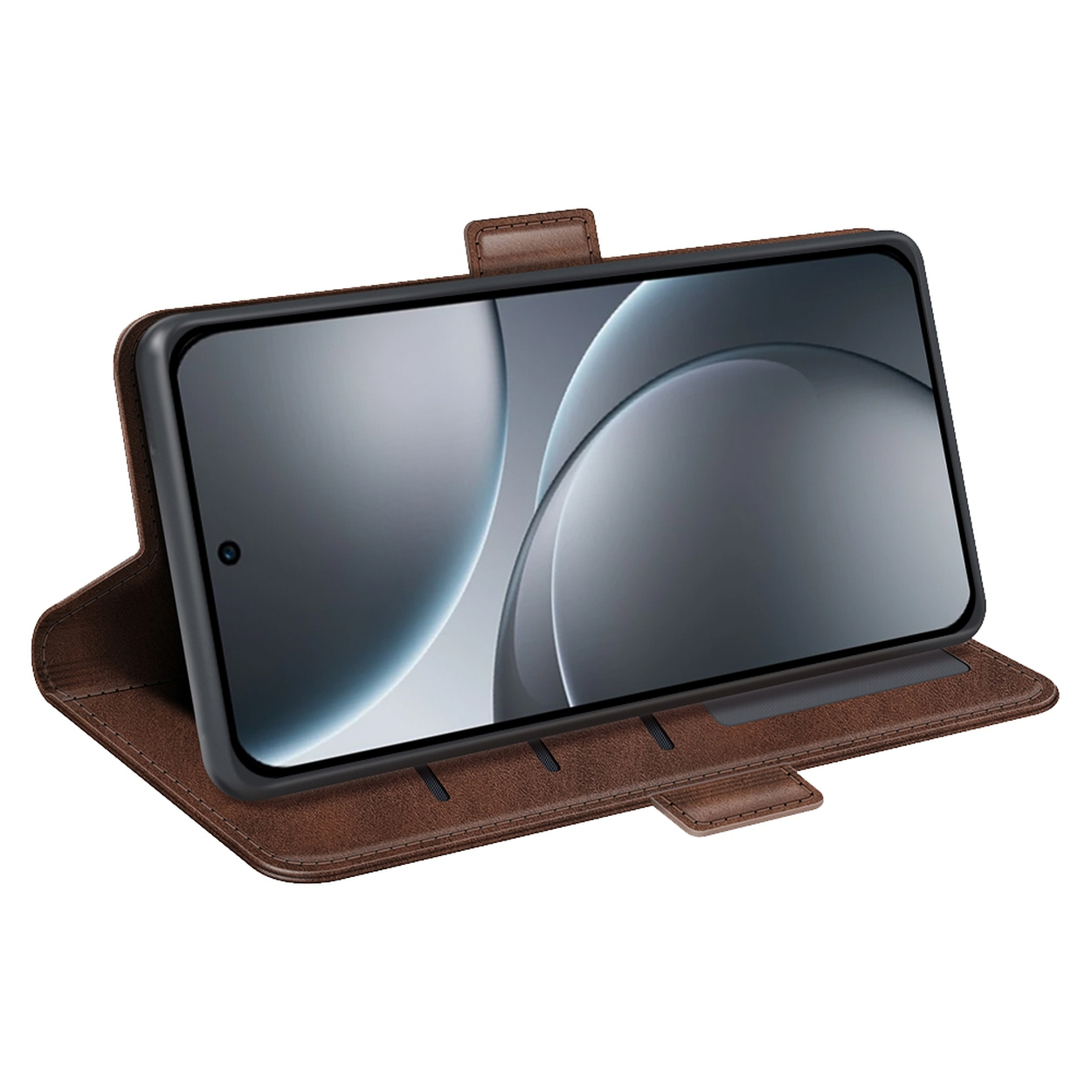 Un étui de téléphone en cuir marron avec un téléphone à l'intérieur. L'écran du téléphone affiche un motif gris abstrait. L'étui est ouvert et vertical.