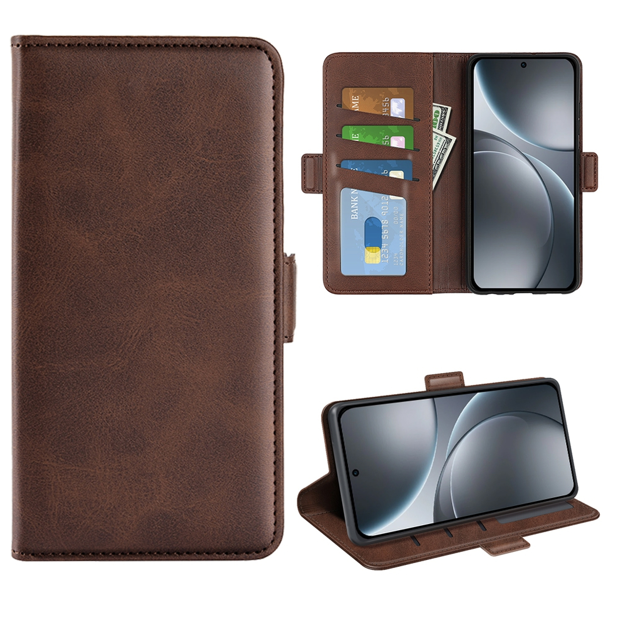Un étui de téléphone en cuir marron avec un téléphone, des cartes de crédit et de l'argent. Il est ouvert et fermé dans des vues séparées.