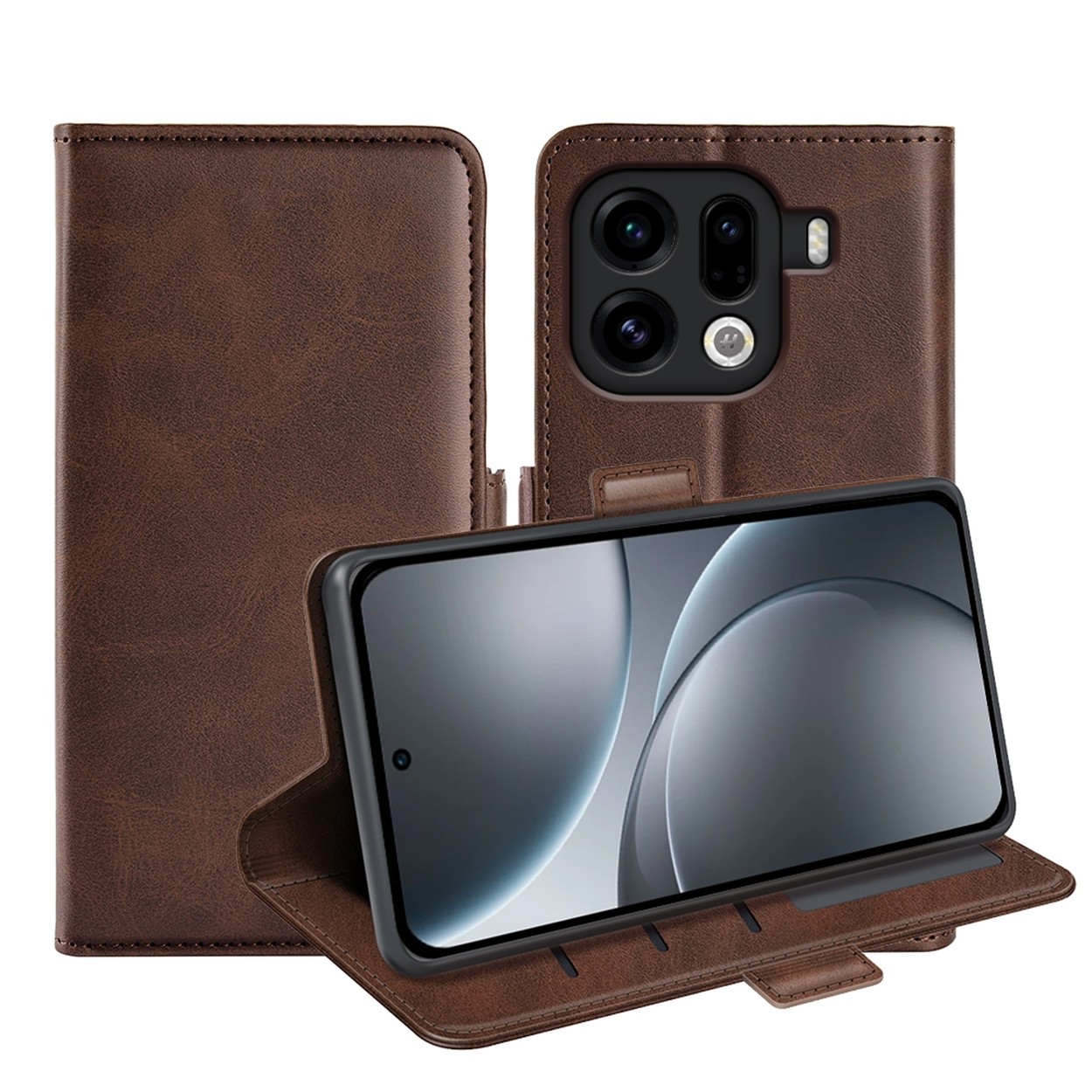 Un étui de téléphone en cuir marron est ouvert, tenant un téléphone avec un écran noir. L'étui a plusieurs compartiments et couvre l'arrière du téléphone.