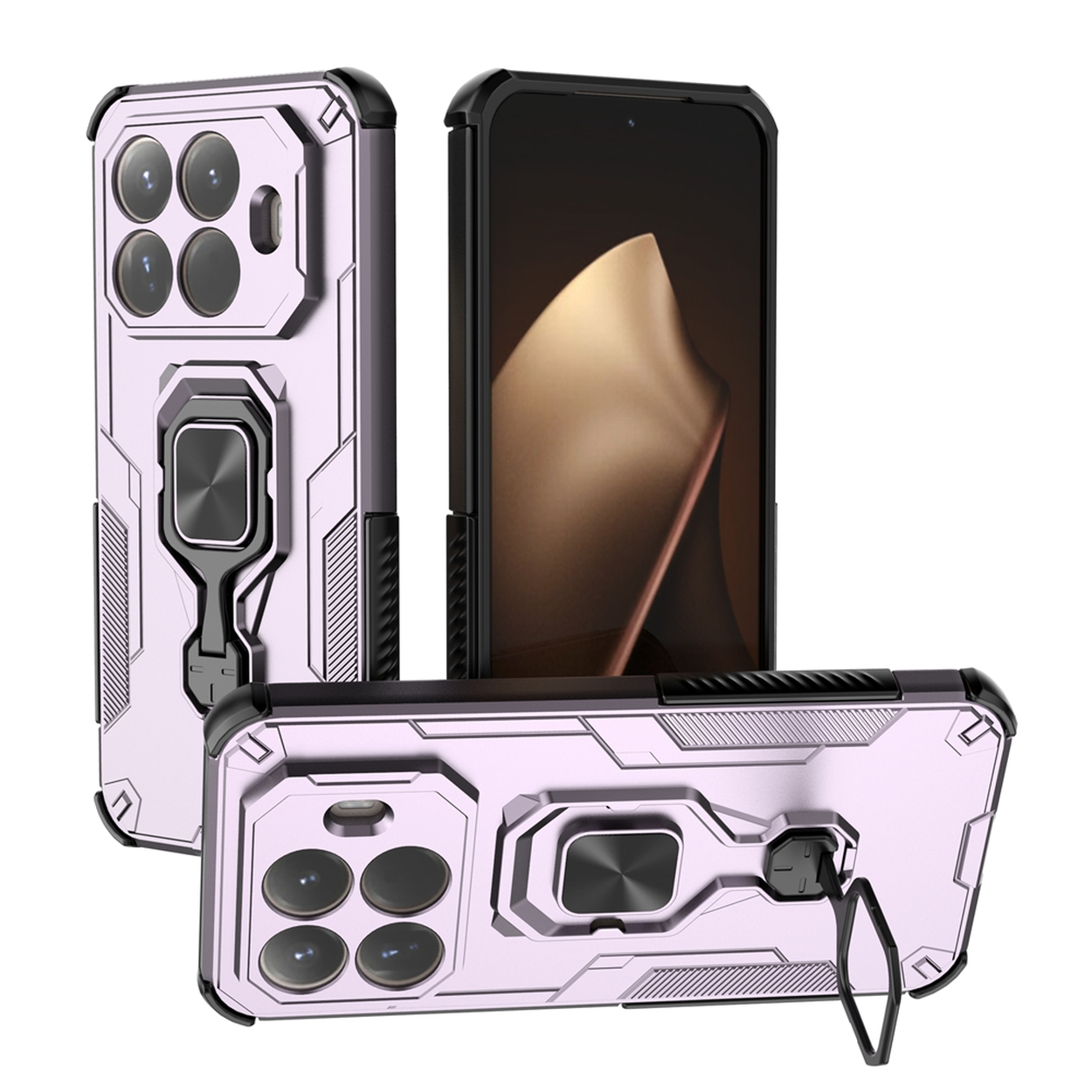 Drie telefoonhoesjes: lichtpaars met zwarte accenten. Eén open, met een scherm. Elke hoes heeft een ringhouder en camera-uitsparingen.
