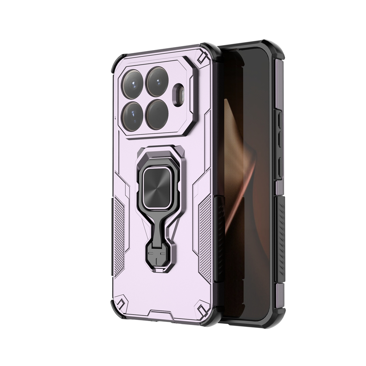 Een telefoon in een roze hoesje met een zwart frame. De hoes heeft een ringhouder en uitsparingen voor de camera. De telefoon staat iets open.