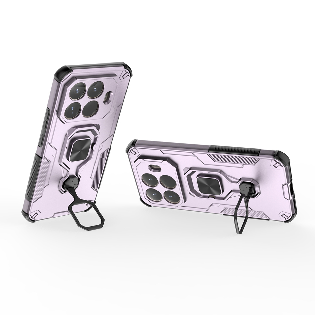 Twee telefoonhoesjes. Lichtpaars met zwarte accenten. Elk heeft een ringstandaard. Eén staat rechtop, de andere plat.