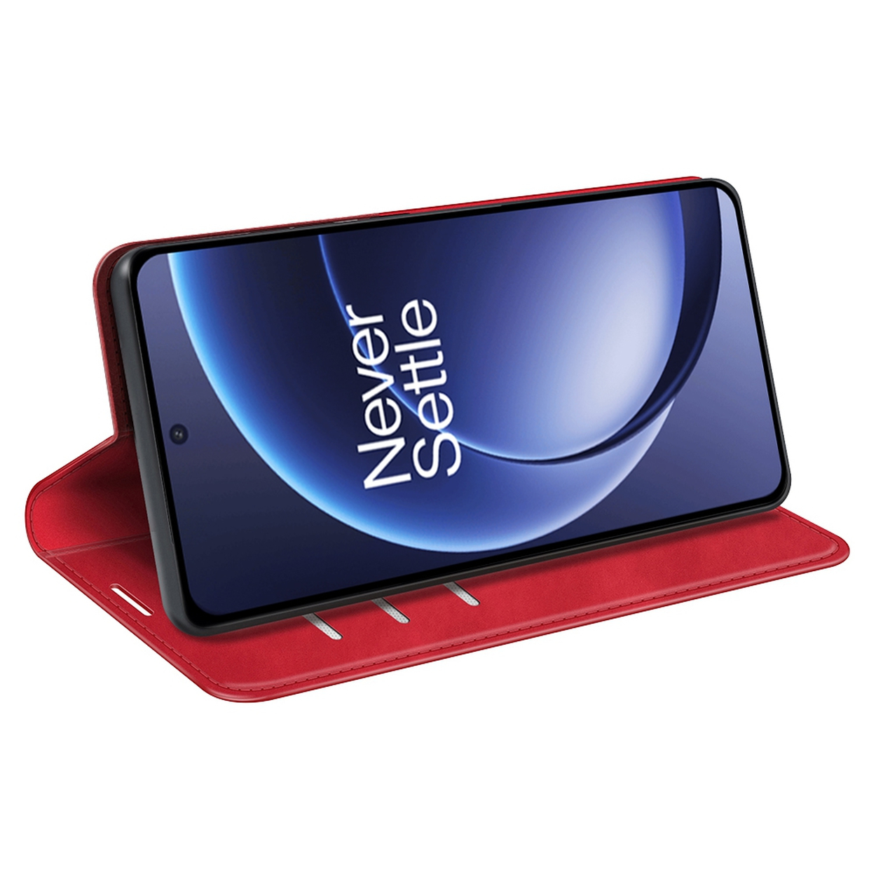 Een rode telefoonhoes met een telefoon met 'Never Settle'. De hoes is open en toont het scherm en de binnenkant.