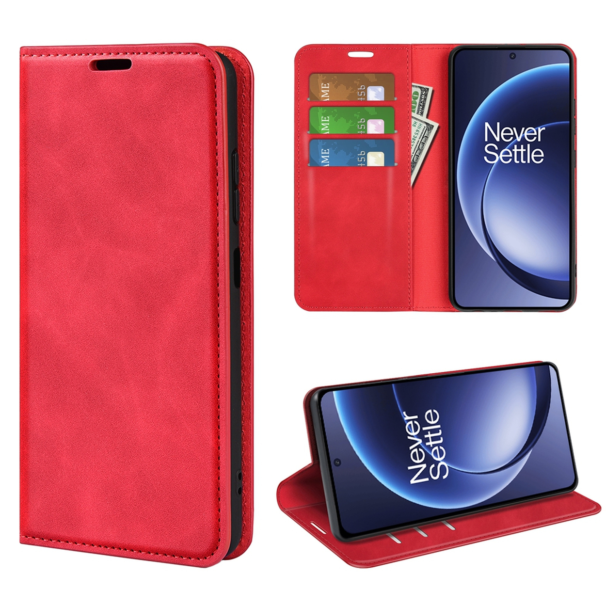 Rode telefoonhoes met een telefoon met 'Never Settle'. Toont kaarten en geld binnenin. Drie verschillende weergaven.