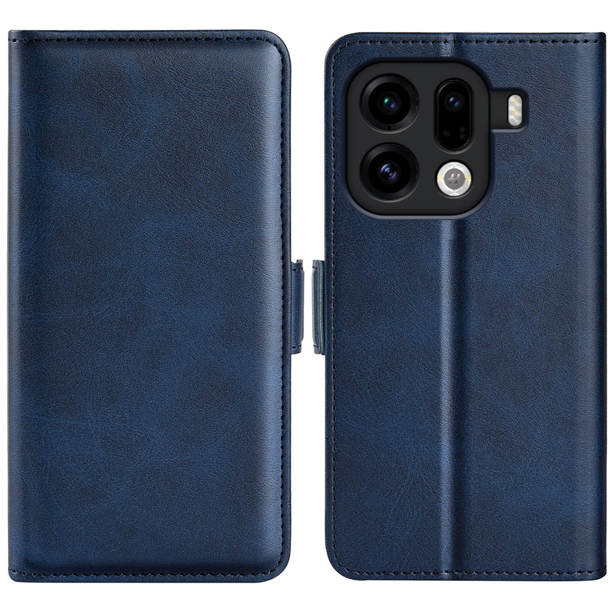 Étui de téléphone en cuir bleu ouvert. Il montre le téléphone et l'intérieur de l'étui. L'étui a une fermeture magnétique.