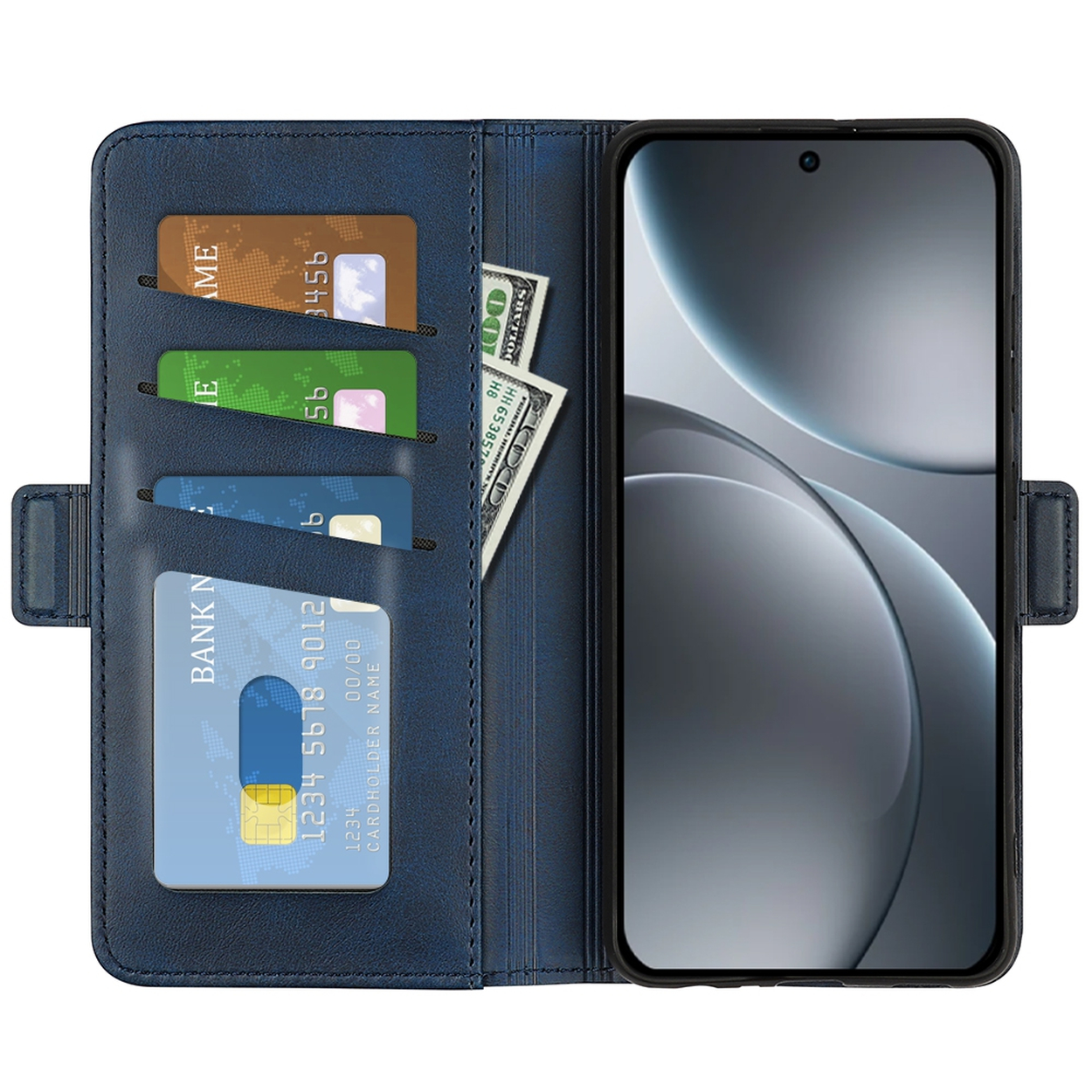 Un étui portefeuille bleu avec un smartphone, des cartes de crédit et de l'argent liquide. Le téléphone est dans l'étui. L'étui est ouvert.
