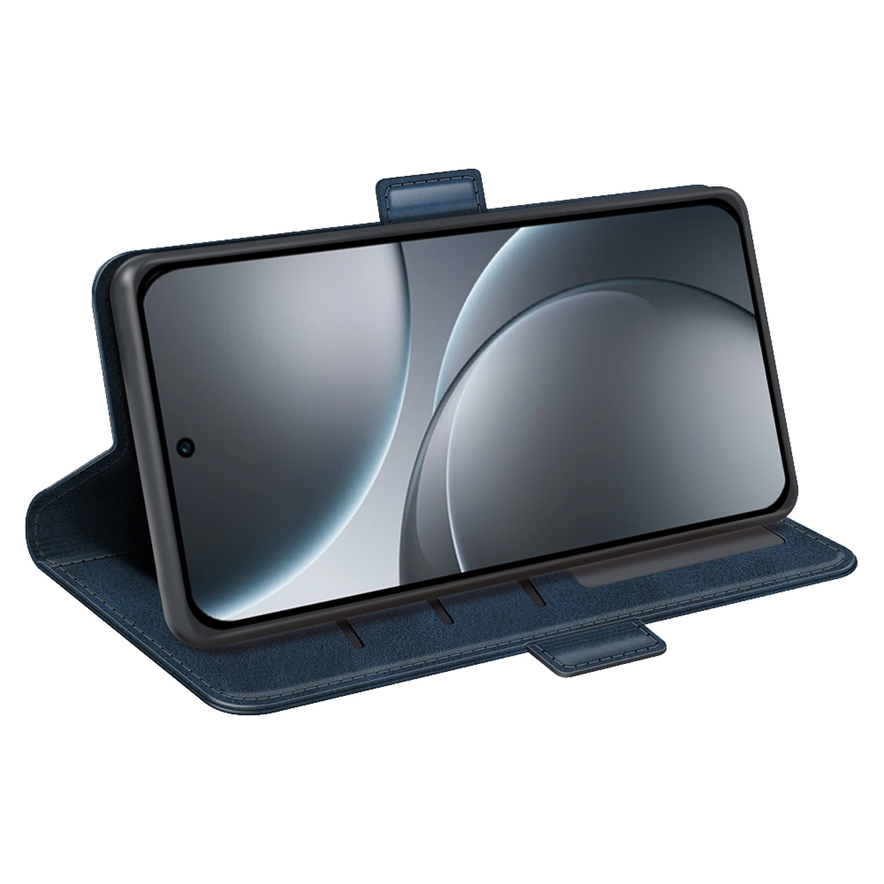 Un smartphone dans un étui en cuir bleu. L'écran affiche un motif gris et blanc flou.