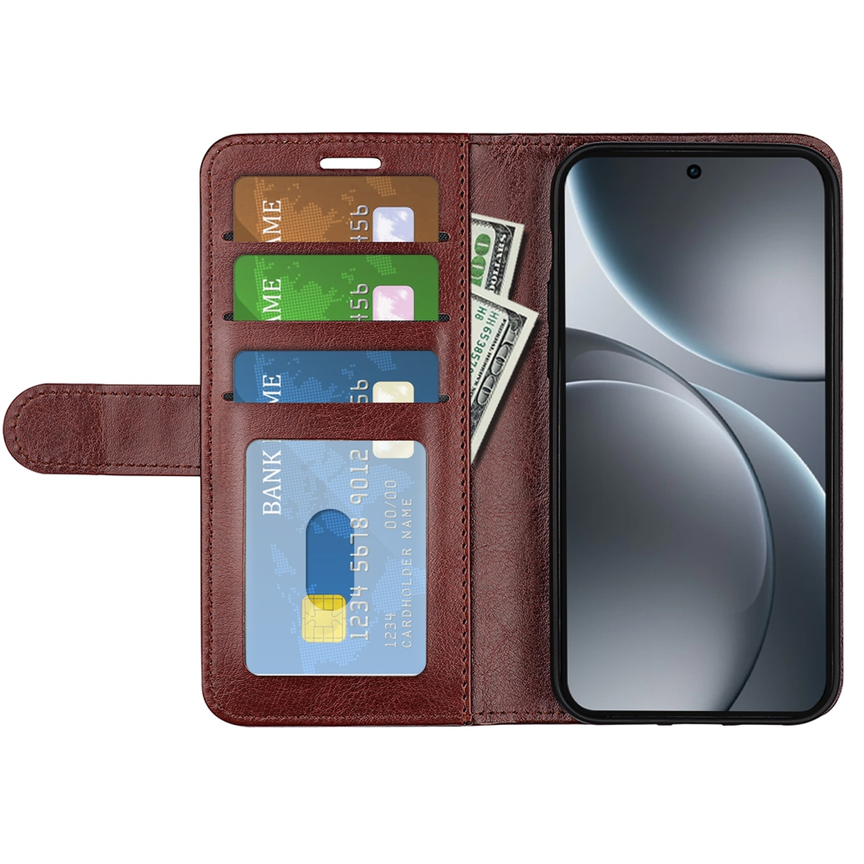 Bruine leren telefoonhoes met meerdere kaartsleuven. Binnenin zijn een telefoon, contant geld en creditcards zichtbaar.
