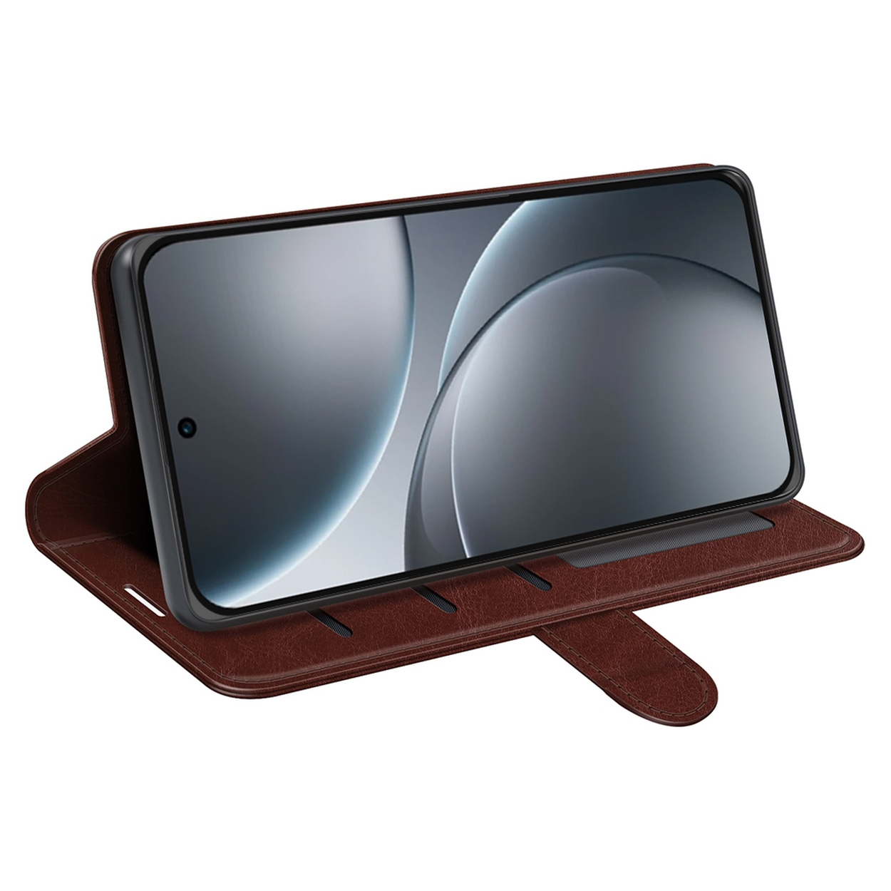 Een smartphone in een bruine leren hoes wordt getoond. Het scherm toont een vage, abstracte vormgeving. De hoes is open en opgesteld.