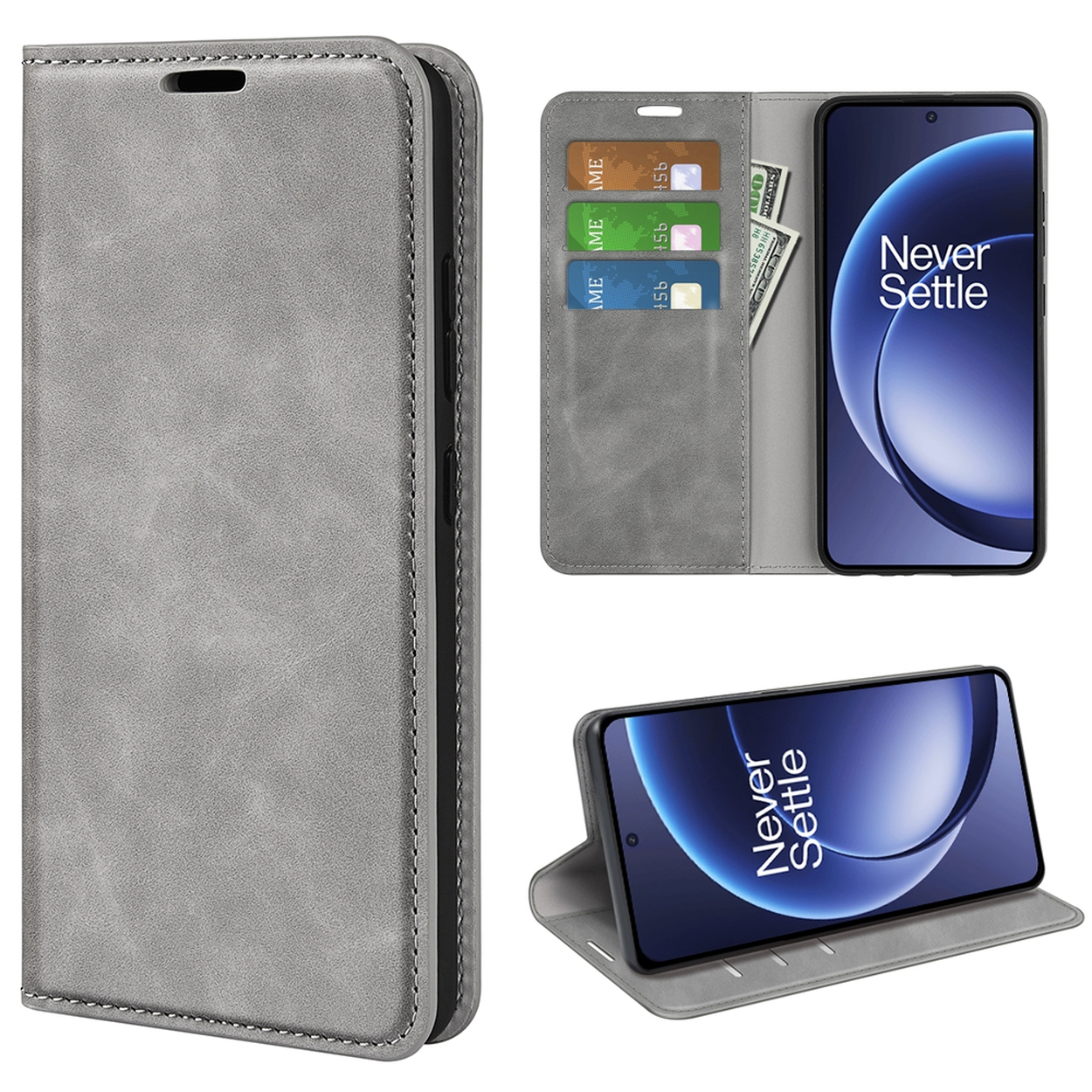 Een grijze telefoonhoes met een telefoon en kaarten erin. De telefoon toont "Never Settle".