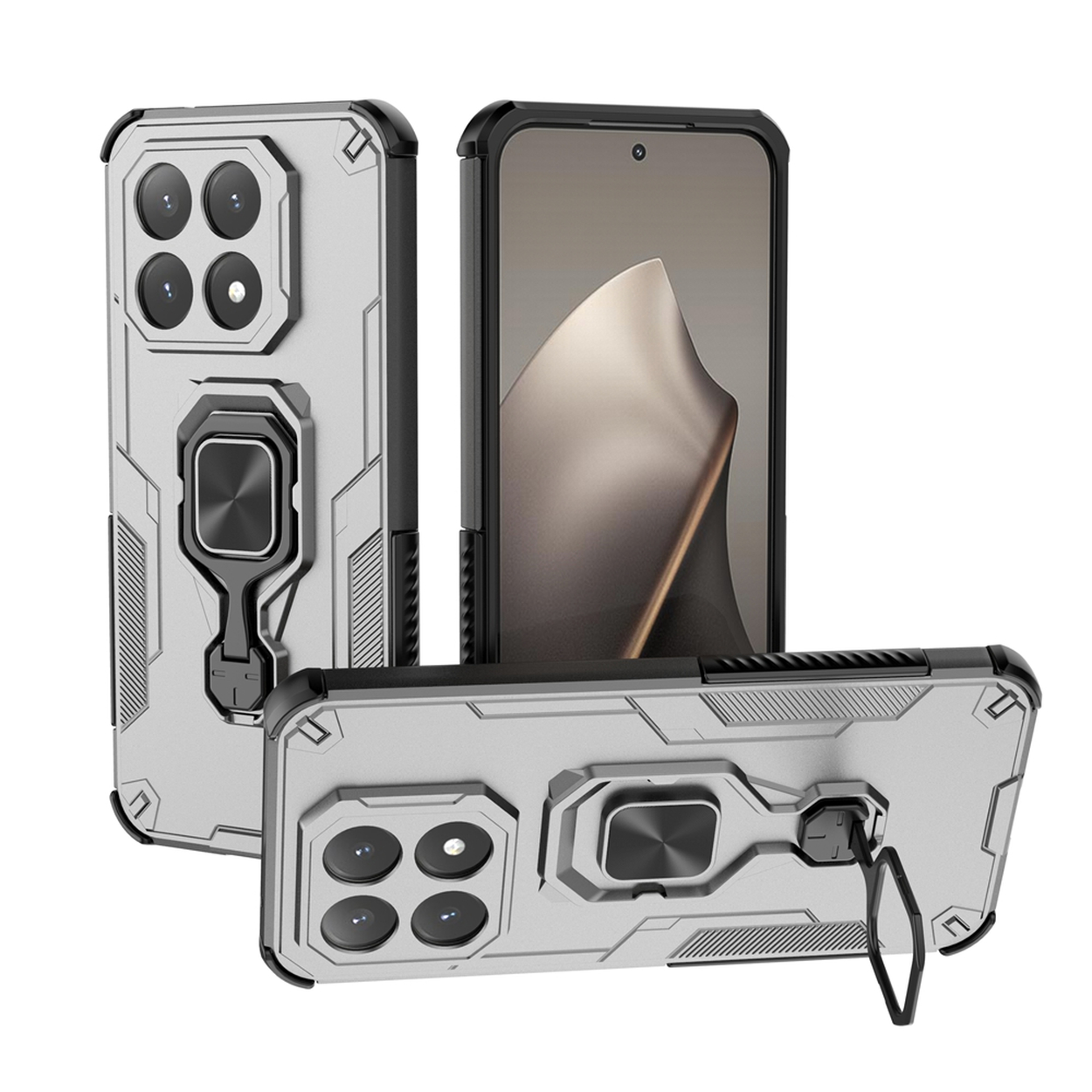 Drie zilveren telefoonhoesjes met zwarte accenten. Eén hoesje heeft een telefoon erin. Allemaal hebben ze een camera en een ringhouder.